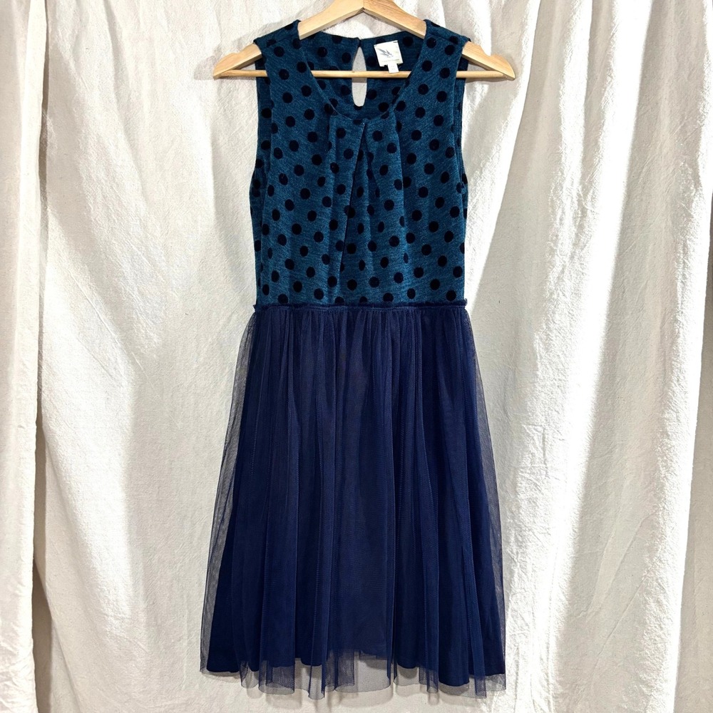 Weston Wear Polka Dot Knit & Tulle Fit and Flare Dress Navy Teal XS